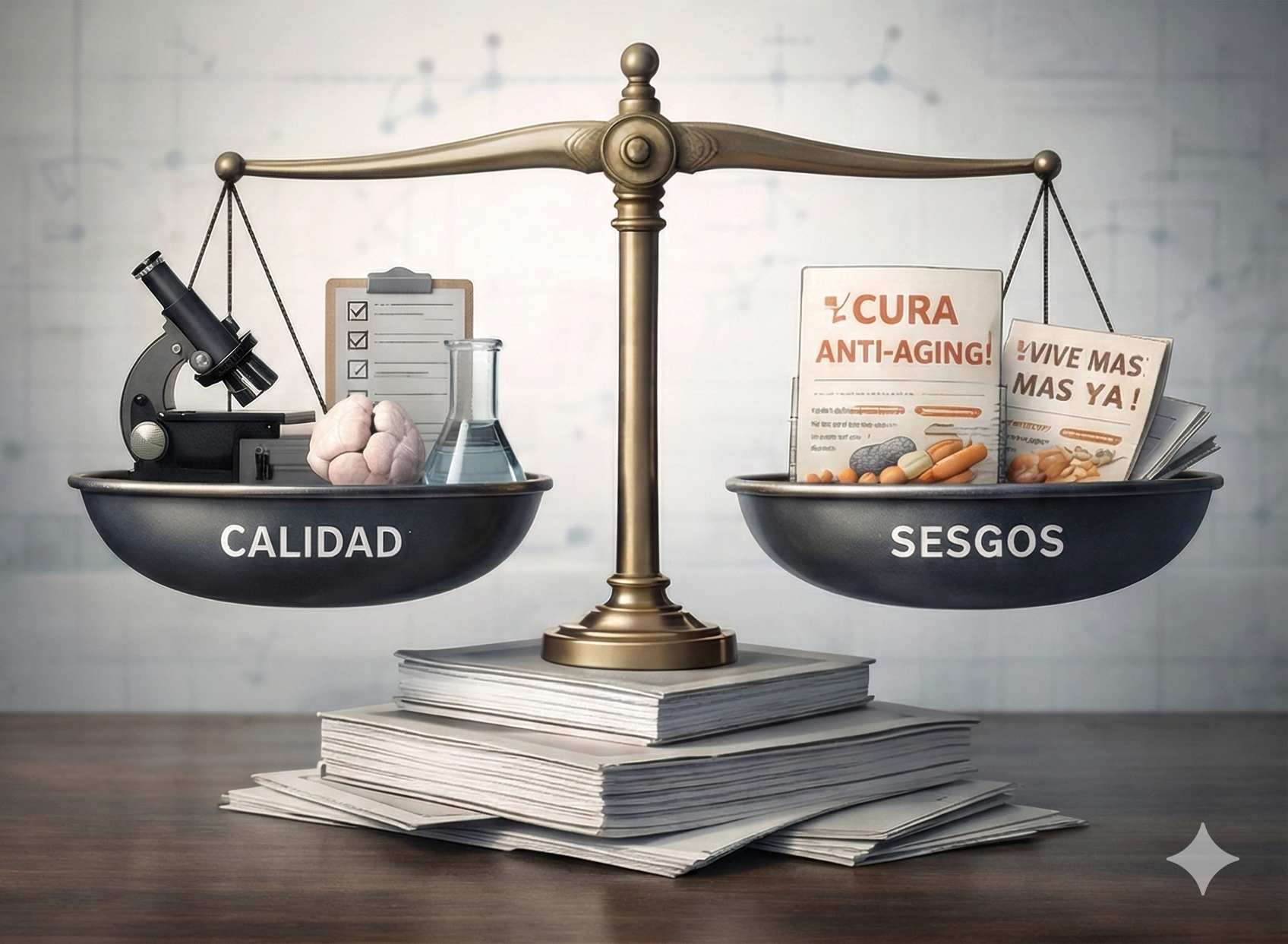 Balanza pesando calidad versus sesgos en investigación científica