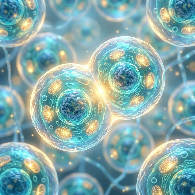 Concepto de salud celular, mitocondrias y energía, representando las bases del antienvejecimiento.