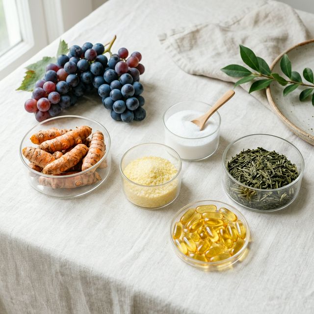 Ingredientes naturales puros como Cúrcuma, Omega-3, y nutrientes esenciales en formato cristalino y cápsulas blandas.