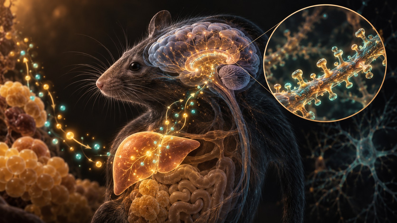 Ilustración conceptual de un ratón con activación metabólica periférica de AMPK conectada con el hipocampo y las espinas dendríticas