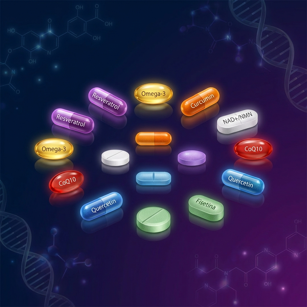 Los 12 mejores suplementos antienvejecimiento: Resveratrol, Quercetina, NAD+, CoQ10, Curcumina, Omega-3, Fisetina y más