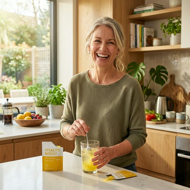 Persona con vitalidad tomando su sobre matutino AM Elite