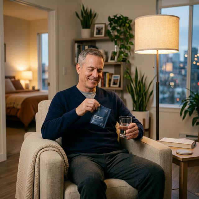 Persona relajada por la noche, antes de dormir con el sobre nocturno PM Restore